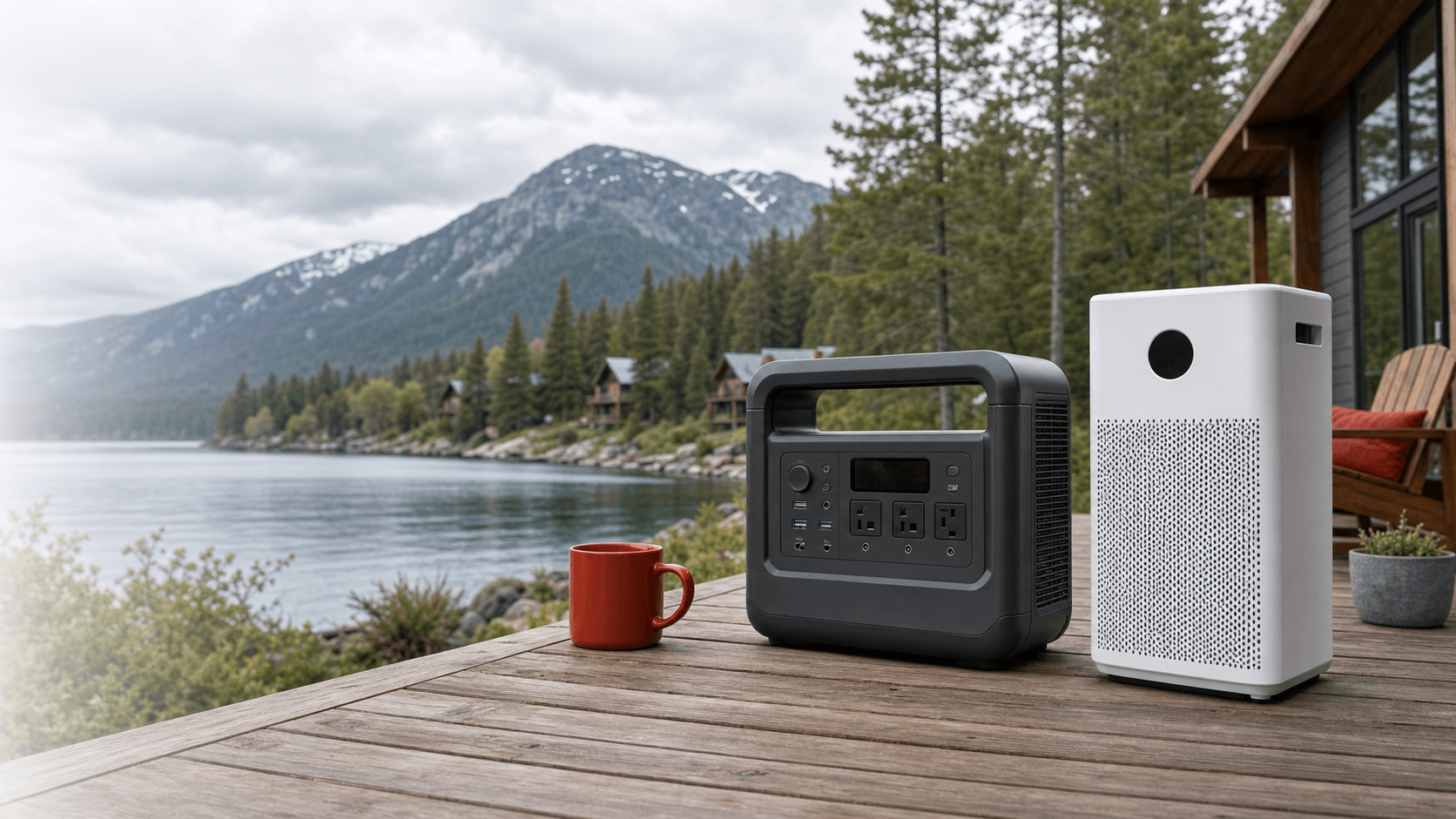Generic portable power station and air purifier on a Canadian cottage deck
